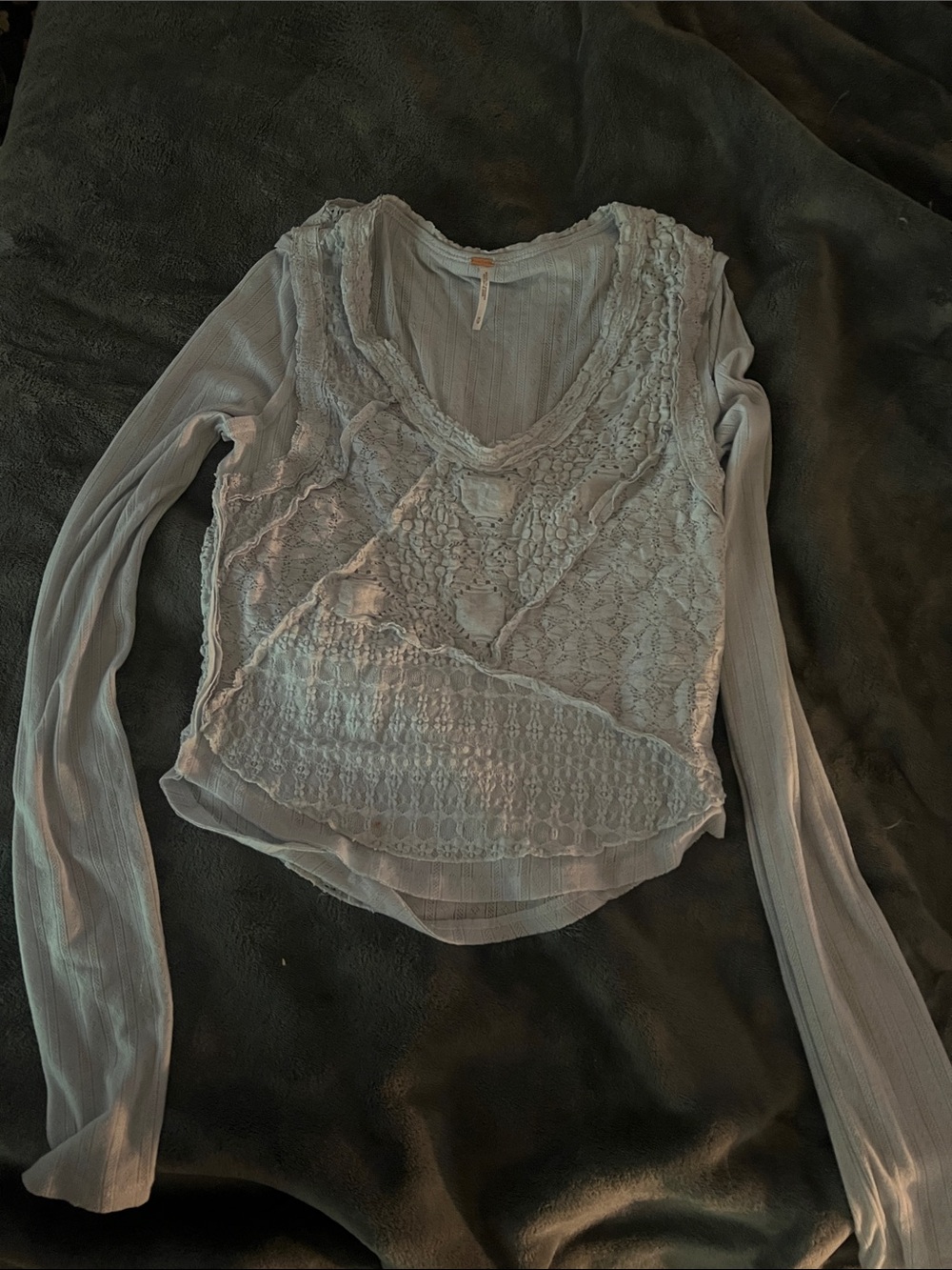 Free People Pale Blue Lace-Front Long Sleeve Top
